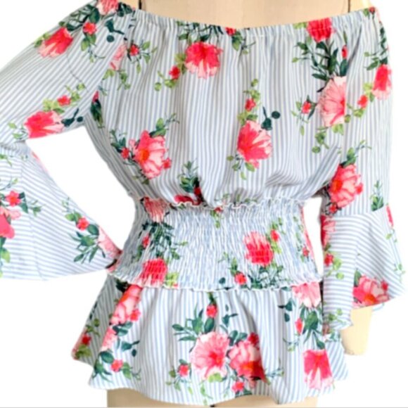 Timing Smocked Waist Bell Sleeve Peplum Floral & Striped Top XL 31N - Picture 5 of 8